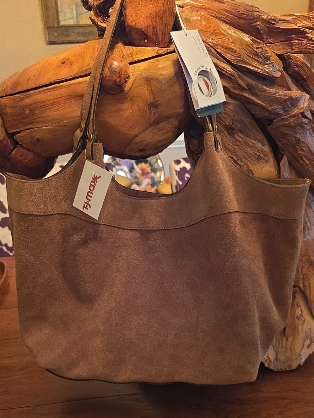 Anna Paola Tan Suede Tote Bag with Shoulder Straps